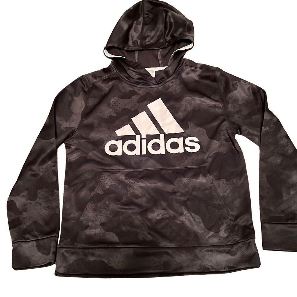 EUC! Adidas Black Gray Subtle Camo Print Hooded Sweatshirt - Size 10/12